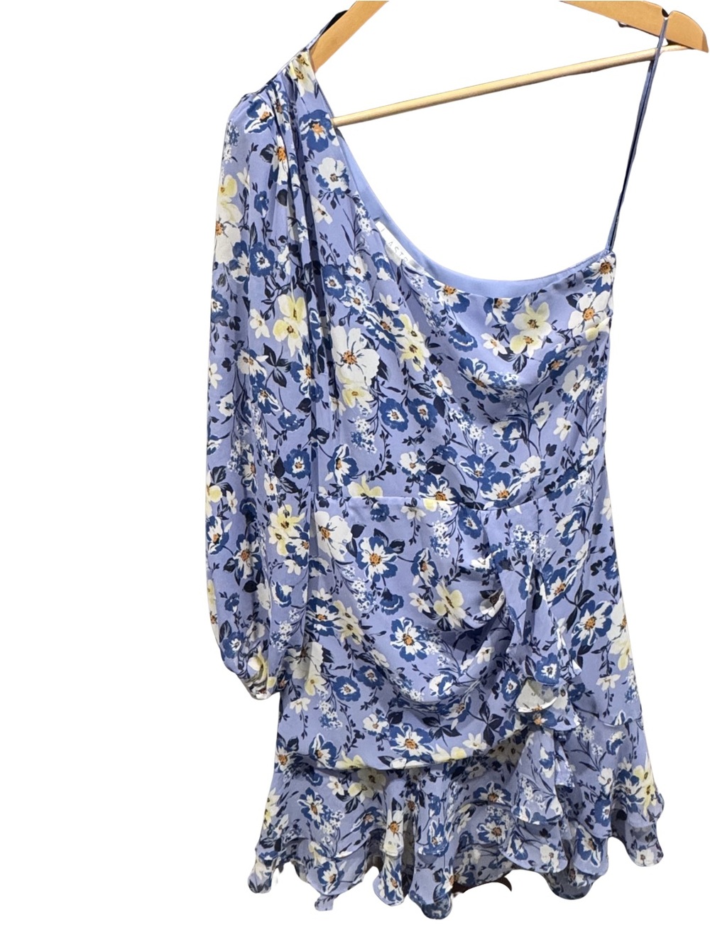 ASTR The Label Floral One Shoulder Mini Dress M Blue Ruffle Hem Party - Picture 3 of 10